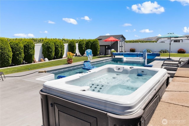 207 Moon River Vw SW, Mattawa, WA 99349 - view of pool featuring a hot tub, a fenced backyard, and a patio