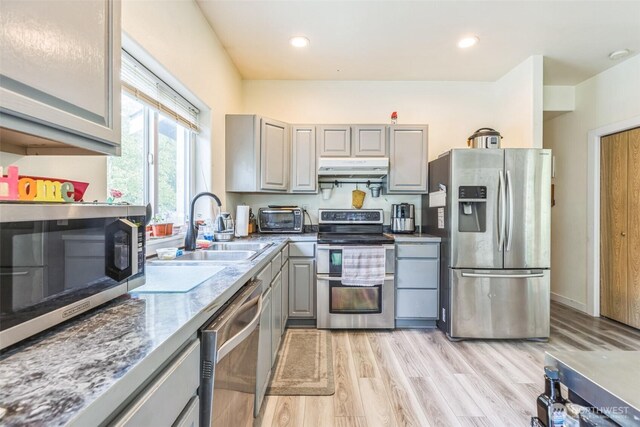 642 Sprague Valley Dr, Maple Falls, WA 98266 - kitchen with appliances with stainless steel finishes, gray cabinetry, a sink, light wood-type flooring, and under cabinet range hood