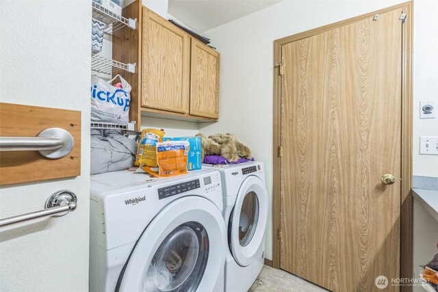 642 Sprague Valley Dr, Maple Falls, WA 98266 - laundry area with separate washer and dryer, cabinet space, and light tile patterned floors