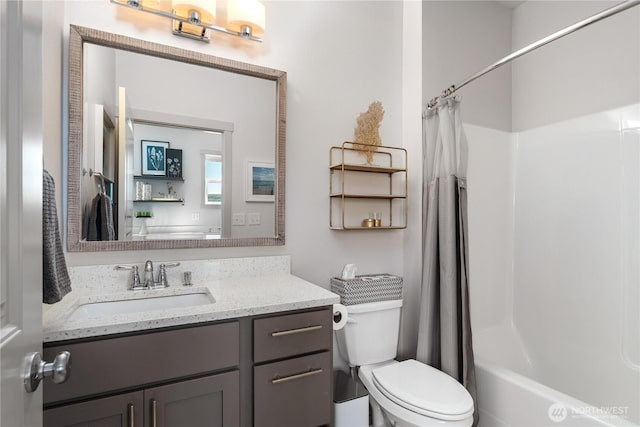 1080 Sunset Ln, Chelan, WA 98816 - bathroom with vanity, toilet, and shower / bathtub combination with curtain