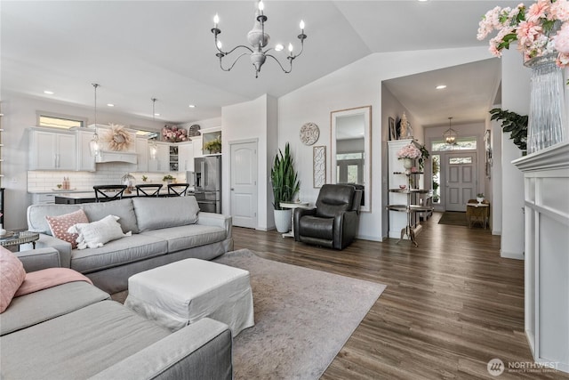 1080 Sunset Ln, Chelan, WA 98816 - living area featuring a chandelier, lofted ceiling, dark wood-type flooring, and recessed lighting