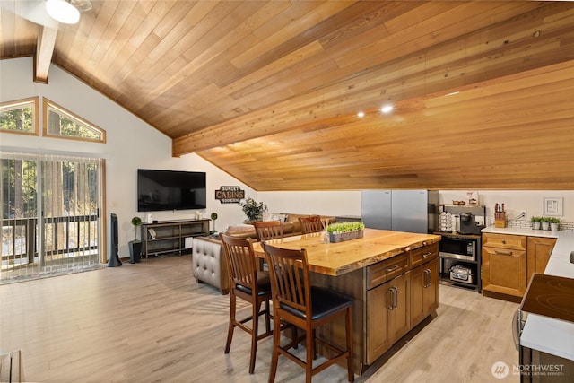 671 W Pacific Ave, Ronald, WA 98940 - kitchen with wooden counters, light wood-style floors, wood ceiling with exposed beams, a breakfast bar, and stainless steel appliances