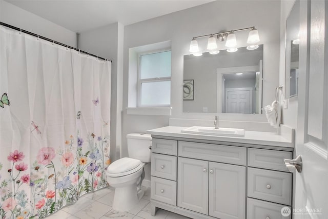 300 Cascade Ave, Granite Falls, WA 98252 - bathroom with vanity, marble finish flooring, and a shower with shower curtain
