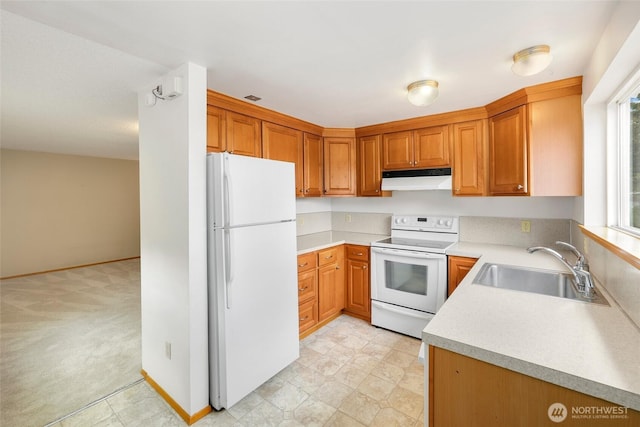 1642 Browns Point Blvd, Tacoma, WA 98422 - kitchen with white appliances, under cabinet range hood, a sink, and light countertops