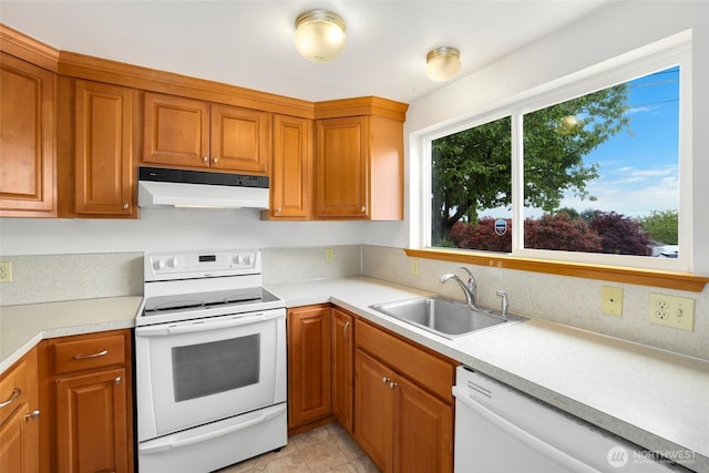 1642 Browns Point Blvd, Tacoma, WA 98422 - kitchen featuring under cabinet range hood, white appliances, a sink, light countertops, and brown cabinetry