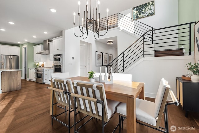 15306 204th Ave E Unit 23, Bonney Lake, WA 98391 - dining room with dark wood-style floors, stairs, recessed lighting, a chandelier, and a high ceiling