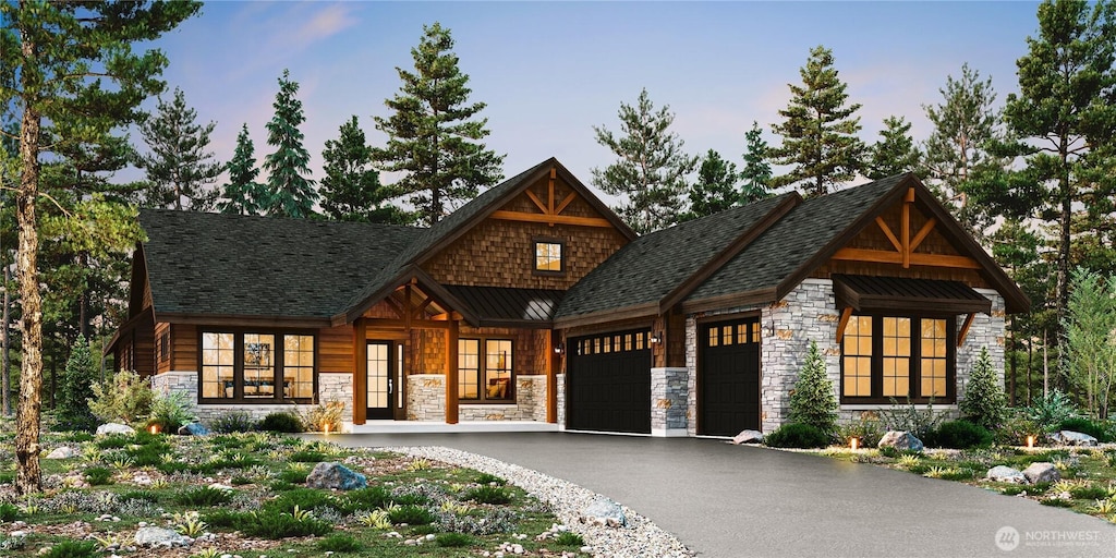 131 Gold Leaf Ln, Cle Elum, WA 98922 - view of front of property featuring stone siding, an attached garage, asphalt driveway, and roof with shingles