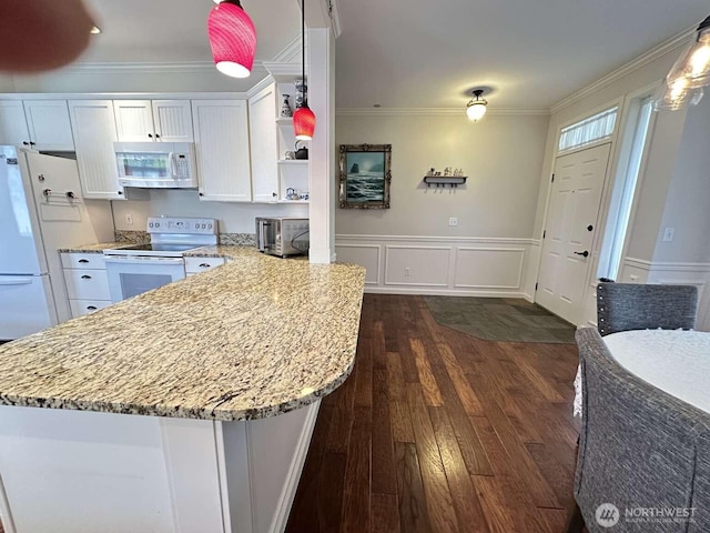 1436 Latham Ct, Dupont, WA 98327 - kitchen featuring white appliances, white cabinetry, dark wood finished floors, crown molding, and open shelves