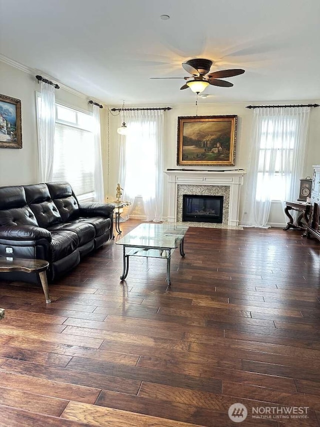 1436 Latham Ct, Dupont, WA 98327 - living room featuring a ceiling fan, plenty of natural light, a premium fireplace, ornamental molding, and hardwood / wood-style flooring