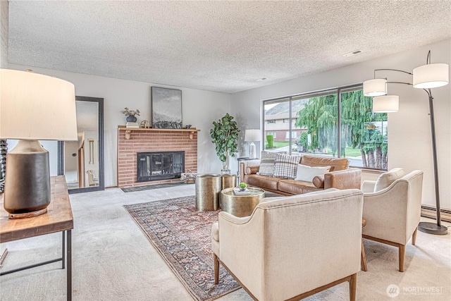 27 Poplar Ave, Wenatchee, WA 98801 - living room with light carpet, a textured ceiling, a brick fireplace, and baseboard heating