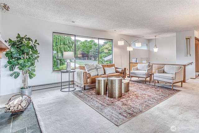 27 Poplar Ave, Wenatchee, WA 98801 - carpeted living room with a baseboard heating unit and a textured ceiling