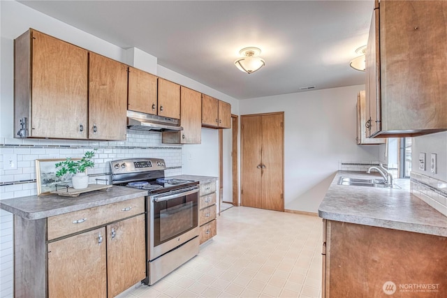 27 Poplar Ave, Wenatchee, WA 98801 - kitchen with electric stove, under cabinet range hood, a sink, tasteful backsplash, and brown cabinetry
