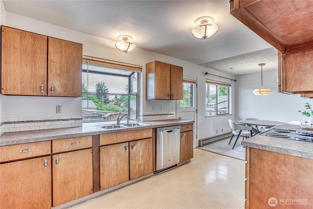 27 Poplar Ave, Wenatchee, WA 98801 - kitchen featuring stainless steel dishwasher, a sink, brown cabinetry, cooktop, and pendant lighting