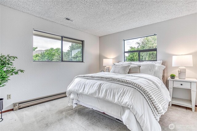 27 Poplar Ave, Wenatchee, WA 98801 - bedroom featuring multiple windows, a baseboard radiator, carpet flooring, and a textured ceiling