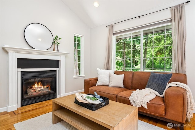 78 Honeycomb Ln, Bellingham, WA 98229 - living room with vaulted ceiling, a glass covered fireplace, wood finished floors, and recessed lighting