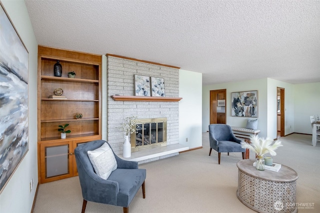 7215 N 23rd, Tacoma, WA 98406 - living area with carpet floors, a textured ceiling, and a fireplace