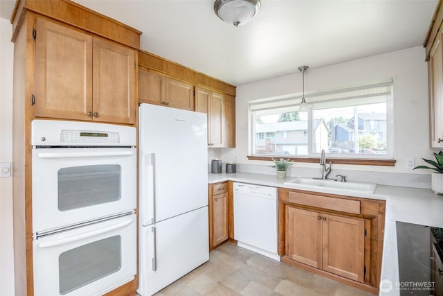 7215 N 23rd, Tacoma, WA 98406 - kitchen featuring white appliances, light countertops, decorative light fixtures, and light floors