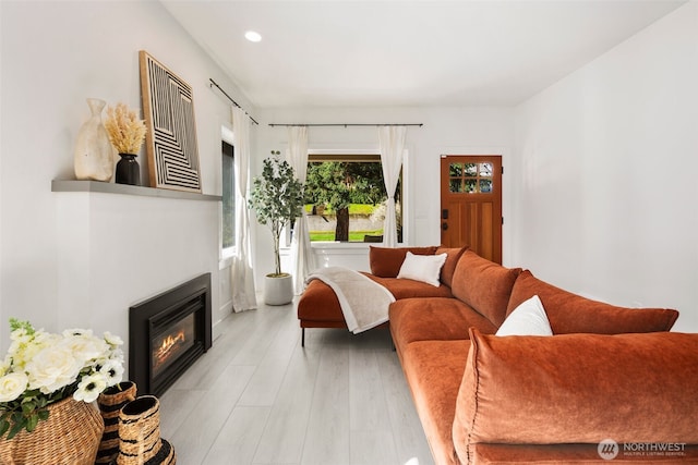 4642 Eastern Ave N, Seattle, WA 98103 - living area featuring recessed lighting, a glass covered fireplace, and light wood-style floors