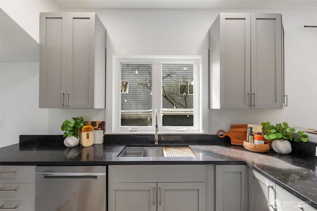 4642 Eastern Ave N, Seattle, WA 98103 - kitchen with stainless steel dishwasher and dark stone counters
