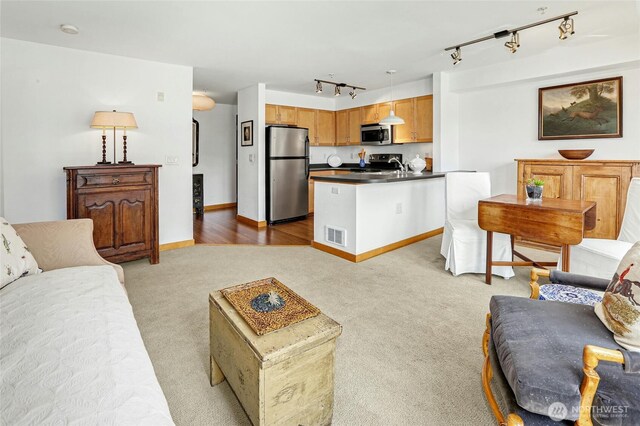 827 Hiawatha Pl S Unit 405, Seattle, WA 98144 - living area with rail lighting, light carpet, and baseboards