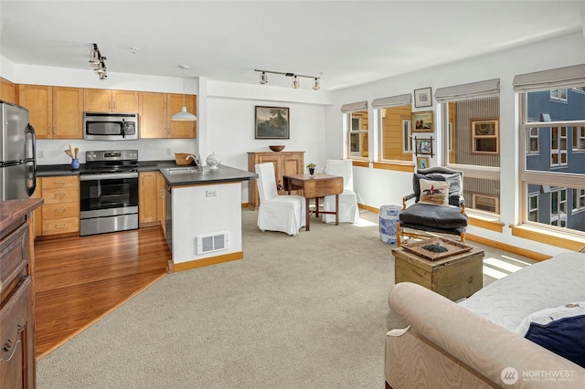 827 Hiawatha Pl S Unit 405, Seattle, WA 98144 - kitchen with appliances with stainless steel finishes, a peninsula, dark countertops, rail lighting, and open floor plan