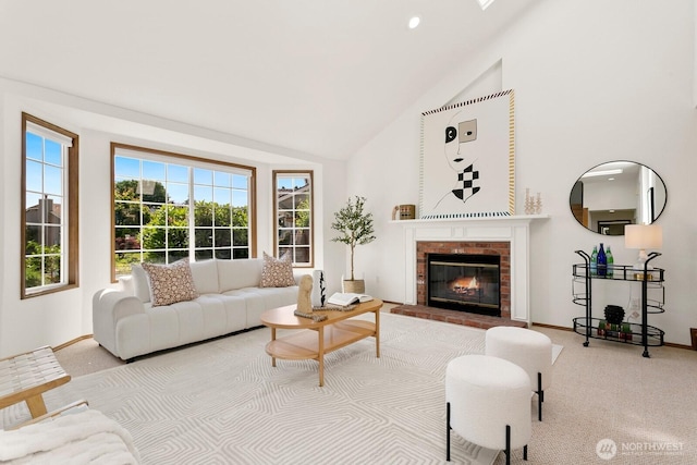 29617 58th Pl S, Auburn, WA 98001 - living area featuring high vaulted ceiling, carpet flooring, a brick fireplace, baseboards, and recessed lighting