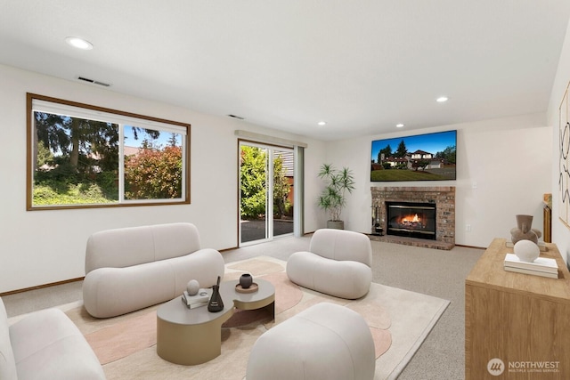 29617 58th Pl S, Auburn, WA 98001 - living room with light colored carpet, a fireplace, recessed lighting, and baseboards