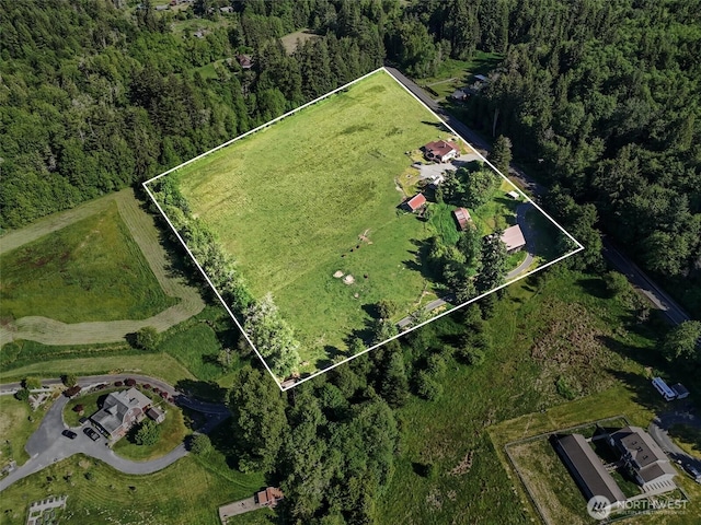 735 Coal Creek Rd, Chehalis, WA 98532 - aerial view of property and surrounding area with property boundaries highlighted and a heavily wooded area
