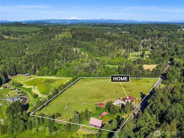 735 Coal Creek Rd, Chehalis, WA 98532 - aerial view of property and surrounding area with a forest, property boundaries highlighted, and mountains