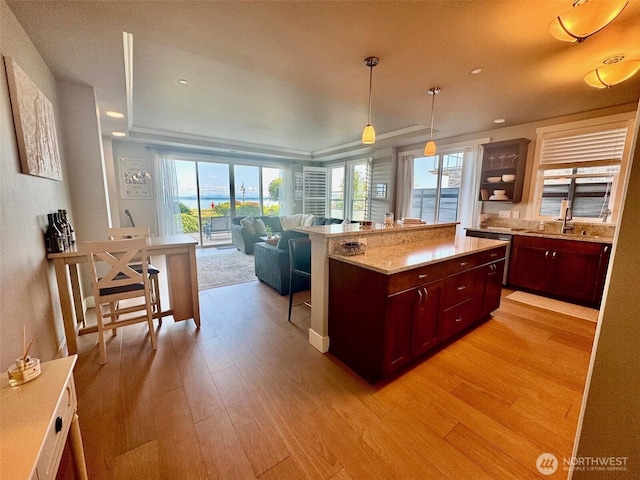 5105 Grand Loop Unit 107, Tacoma, WA 98407 - kitchen with light wood-type flooring, a sink, decorative light fixtures, open floor plan, and dark brown cabinets