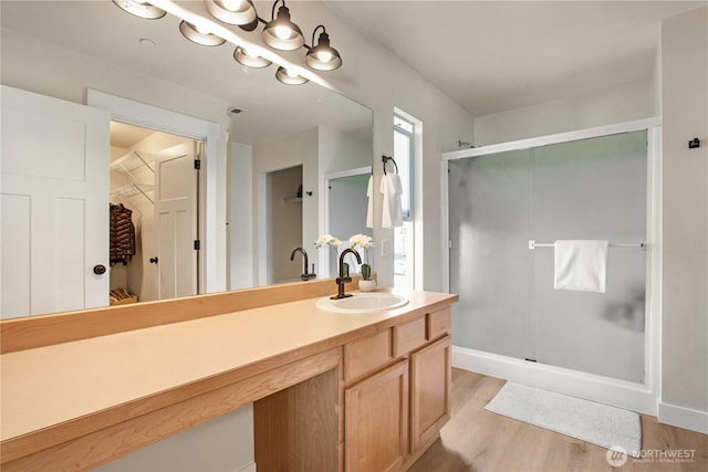 1860 Hoffman Hill Blvd, Dupont, WA 98327 - bathroom with a spacious closet, a shower stall, vanity, and wood finished floors
