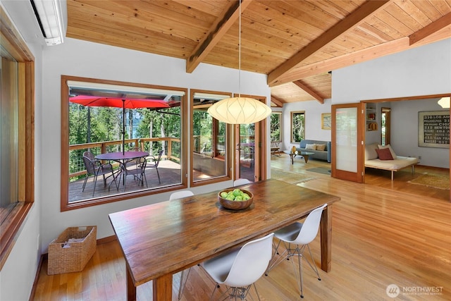 9767 Battle Point Dr NE, Bainbridge Island, WA 98110 - dining space with wooden ceiling, a wall mounted air conditioner, a sunroom, and wood finished floors