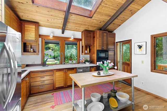 9767 Battle Point Dr NE, Bainbridge Island, WA 98110 - kitchen with appliances with stainless steel finishes, a skylight, a wooden ceiling with exposed beams, light countertops, and healthy amount of natural light