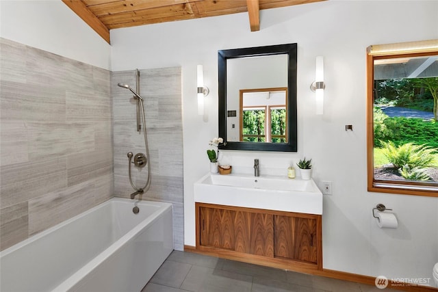 9767 Battle Point Dr NE, Bainbridge Island, WA 98110 - full bath with tile patterned flooring, vanity, tub / shower combination, healthy amount of natural light, and wooden ceiling