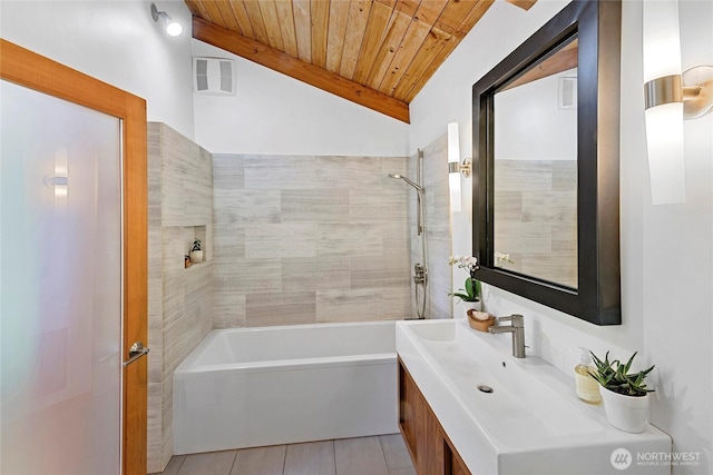 9767 Battle Point Dr NE, Bainbridge Island, WA 98110 - full bath featuring wooden ceiling, lofted ceiling, vanity, tile patterned floors, and shower / tub combination