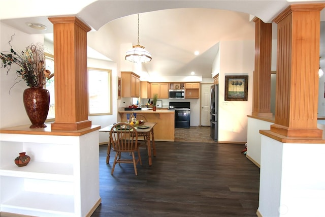 8422 NE 176th St, Arlington, WA 98223 - kitchen with decorative columns, stainless steel appliances, a peninsula, dark wood-type flooring, and vaulted ceiling