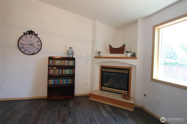 8422 NE 176th St, Arlington, WA 98223 - living area featuring wood finished floors, a tiled fireplace, and baseboards