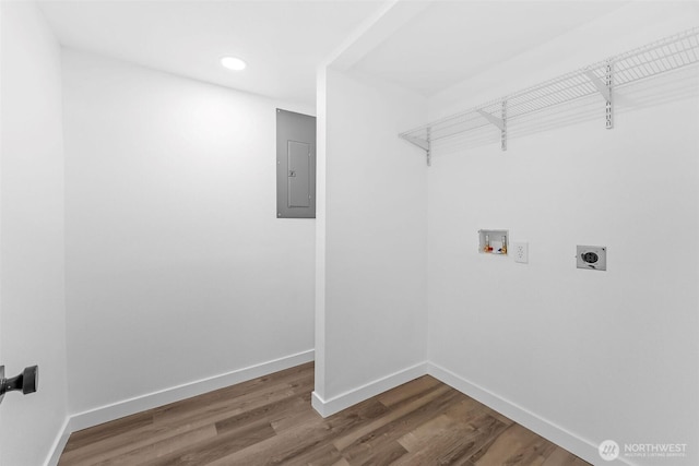 638 SW 299th Pl, Federal Way, WA 98023 - washroom with electric dryer hookup, electric panel, washer hookup, wood finished floors, and recessed lighting