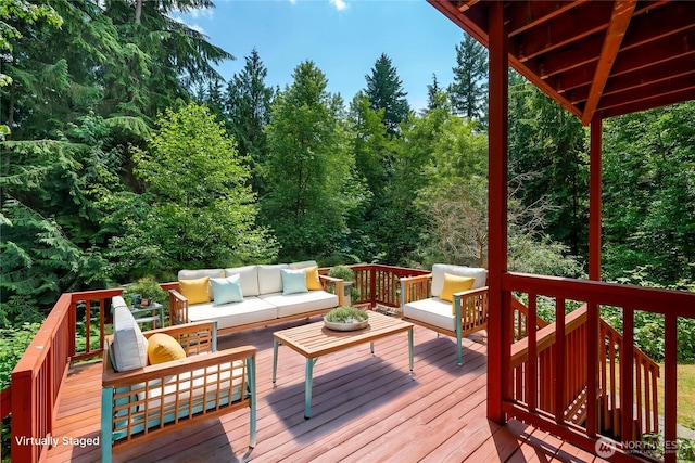726 114th St NE, Tulalip, WA 98271 - wooden deck featuring an outdoor living space and a forest view