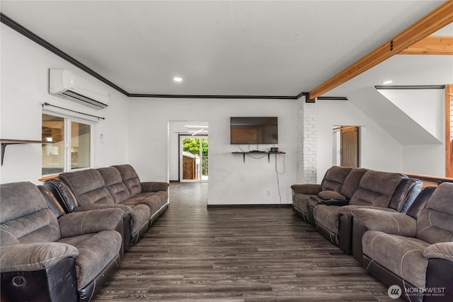 908 N Jeffries St, Aberdeen, WA 98520 - living room featuring a wall unit AC, dark wood-style flooring, crown molding, and recessed lighting