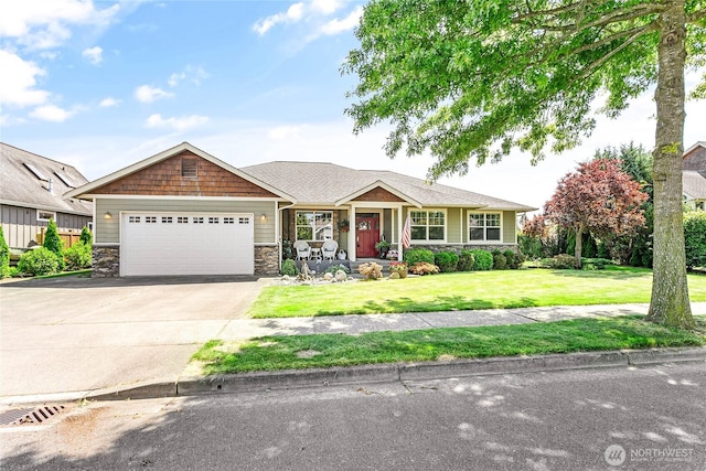 1521 Westview Pl, Lynden, WA 98264 - view of front of property with an attached garage, concrete driveway, a front lawn, and stone siding