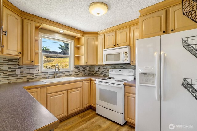 907 S Balsam St, Moses Lake, WA 98837 - kitchen featuring white appliances, a sink, open shelves, light brown cabinets, and decorative backsplash
