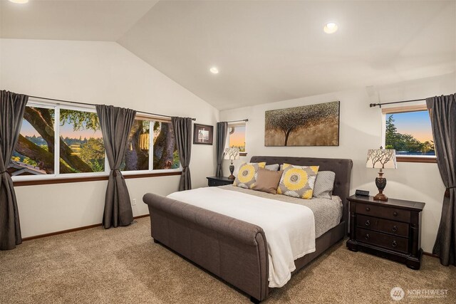 5613 21st Ave SW, Seattle, WA 98106 - bedroom featuring carpet flooring, vaulted ceiling, and recessed lighting