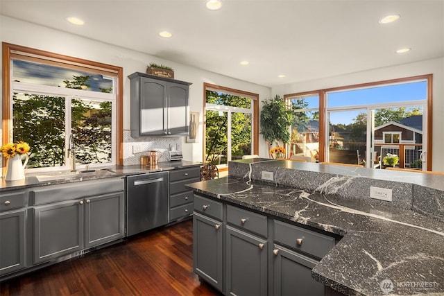 5613 21st Ave SW, Seattle, WA 98106 - kitchen with dishwasher, gray cabinets, dark wood-style flooring, plenty of natural light, and recessed lighting