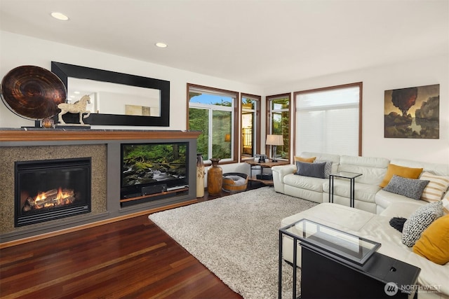 5613 21st Ave SW, Seattle, WA 98106 - living room with wood finished floors, a glass covered fireplace, and recessed lighting