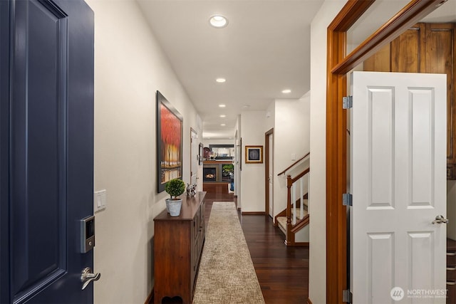 5613 21st Ave SW, Seattle, WA 98106 - corridor with dark wood-style flooring, recessed lighting, and stairs