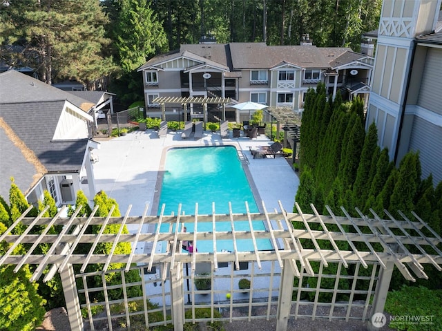 11215 NE 128th St Unit L-203, Kirkland, WA 98034 - view of swimming pool featuring a patio, view of scattered trees, and a pergola