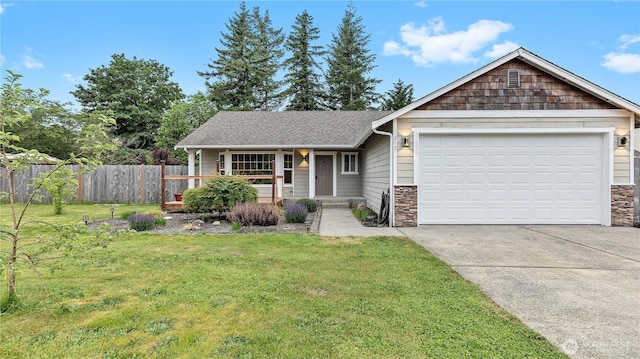 215 19th St, Gold Bar, WA 98251 - single story home with concrete driveway, an attached garage, covered porch, stone siding, and a shingled roof