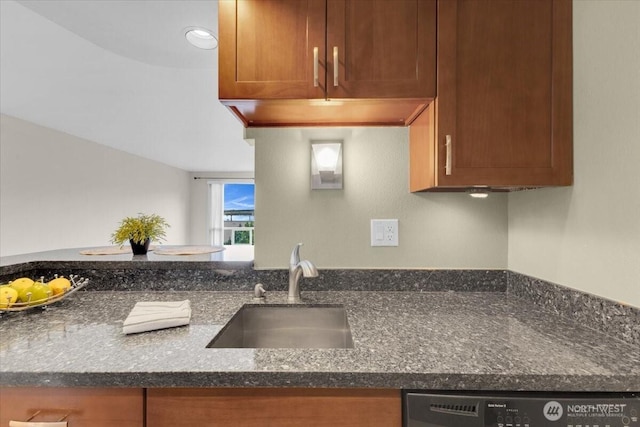 720 Lakeside Ave S Unit 406, Seattle, WA 98144 - kitchen with a sink, dark stone countertops, dishwashing machine, and brown cabinetry