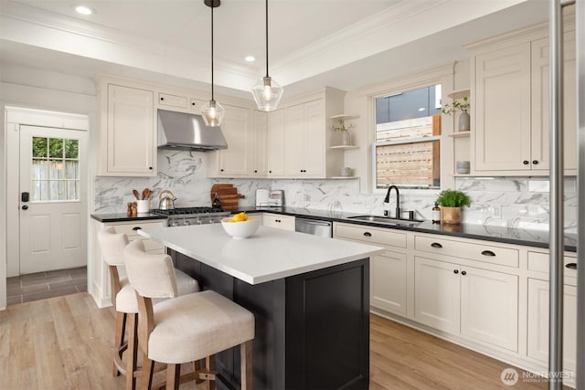 3807 E Jefferson St, Seattle, WA 98122 - kitchen with under cabinet range hood, open shelves, a sink, light wood-type flooring, and a kitchen bar